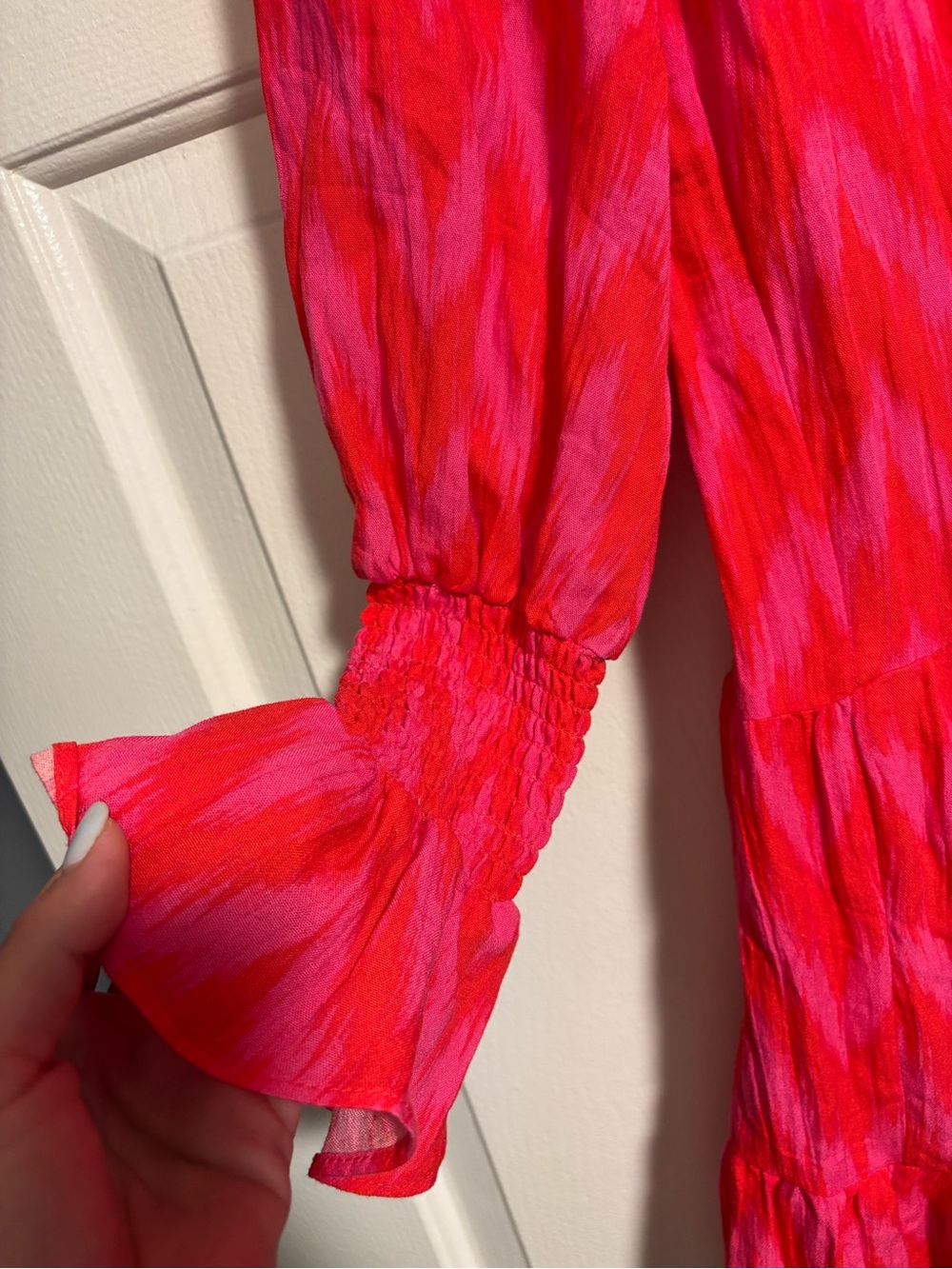 Tuckernut Pomander Place Hot Pink and Red Ikat V-Neck Tiered Dress - Picture 3 of 8